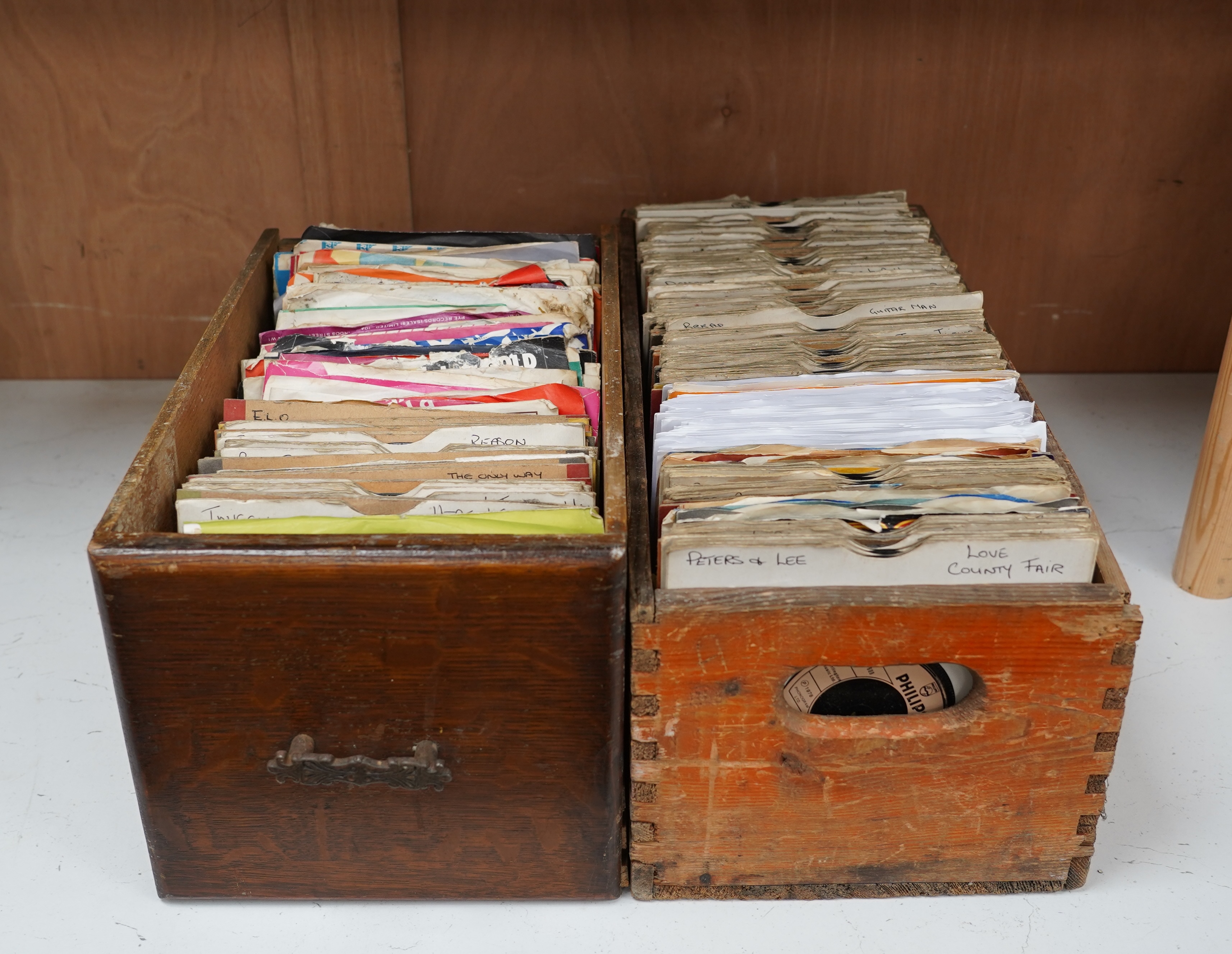 Two boxes of 7 inch singles, mainly 1960s and 1970s, including Adam and the Ants, Manfred Mann, the Stylistics, 10cc, Hot Chocolate, Bread, David Essex, Cliff Richard, ELO, the Bachelors, etc.